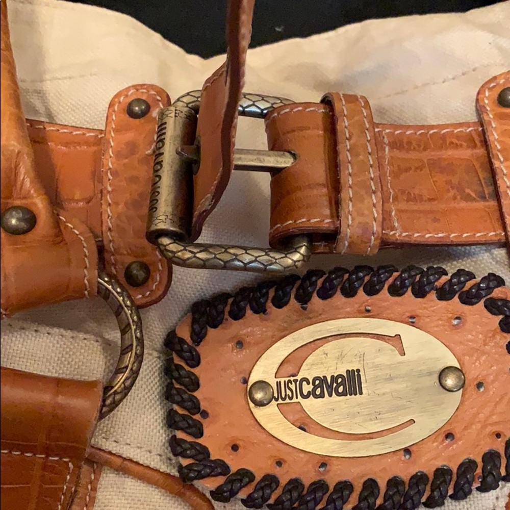 Just Cavalli leather canvas hand bag tan brown - Picture 3 of 8